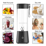 Portable blender with images of its uses for fresh fruit juice, soy milk, milkshake, smoothie, facial mask, and baby food.