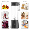 Portable blender with images of its uses for fresh fruit juice, soy milk, milkshake, smoothie, facial mask, and baby food.