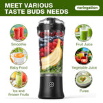 Black portable blender with images of various food items and text indicating its uses.