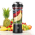 Black portable blender with fruits inside, surrounded by various fruits on a white background