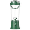 A portable electric blender with a dark green base and upper collar, a clear cylindrical container, and a silver blade assembly inside, shown on a plain white background.